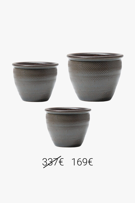 3 zaļi brūnu keramikas puķu podu komplekts no Romantika sērijas